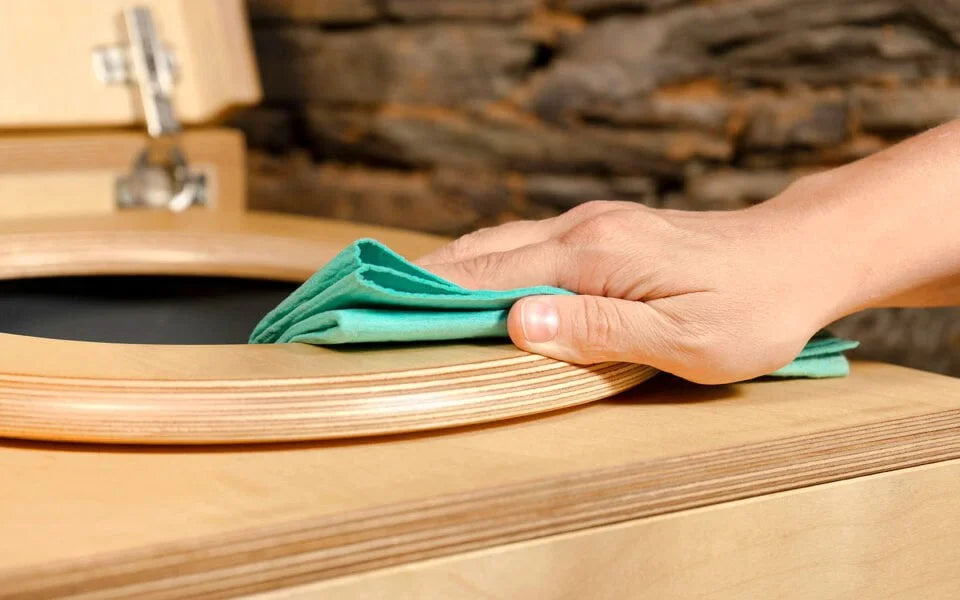 the wooden toilet seat of a TROBOLO composting toilet is cleaned by someone with a cloth