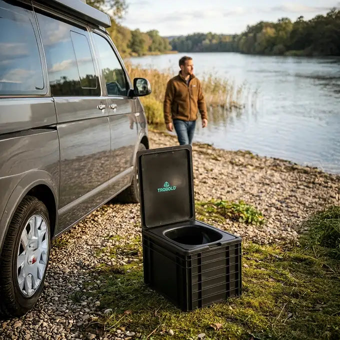 TROBOLO BilaBox camper toilet on a lake next to a van