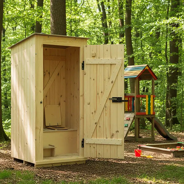 TROBOLO KitaBoem composting toilets next to a playground in a forest