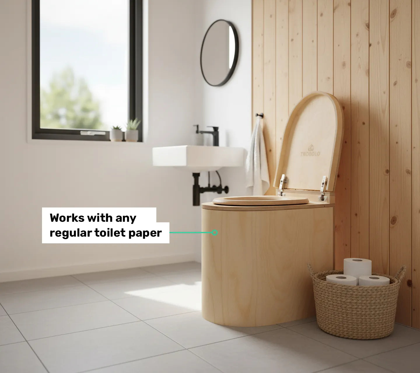 TROBOLO LunaBloem rounded composting toilet works with regular toilet paper