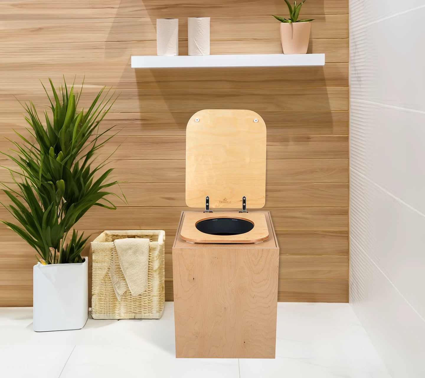 TROBOLO TeraBloem Plus composting toilet with wooden seat view in bathroom