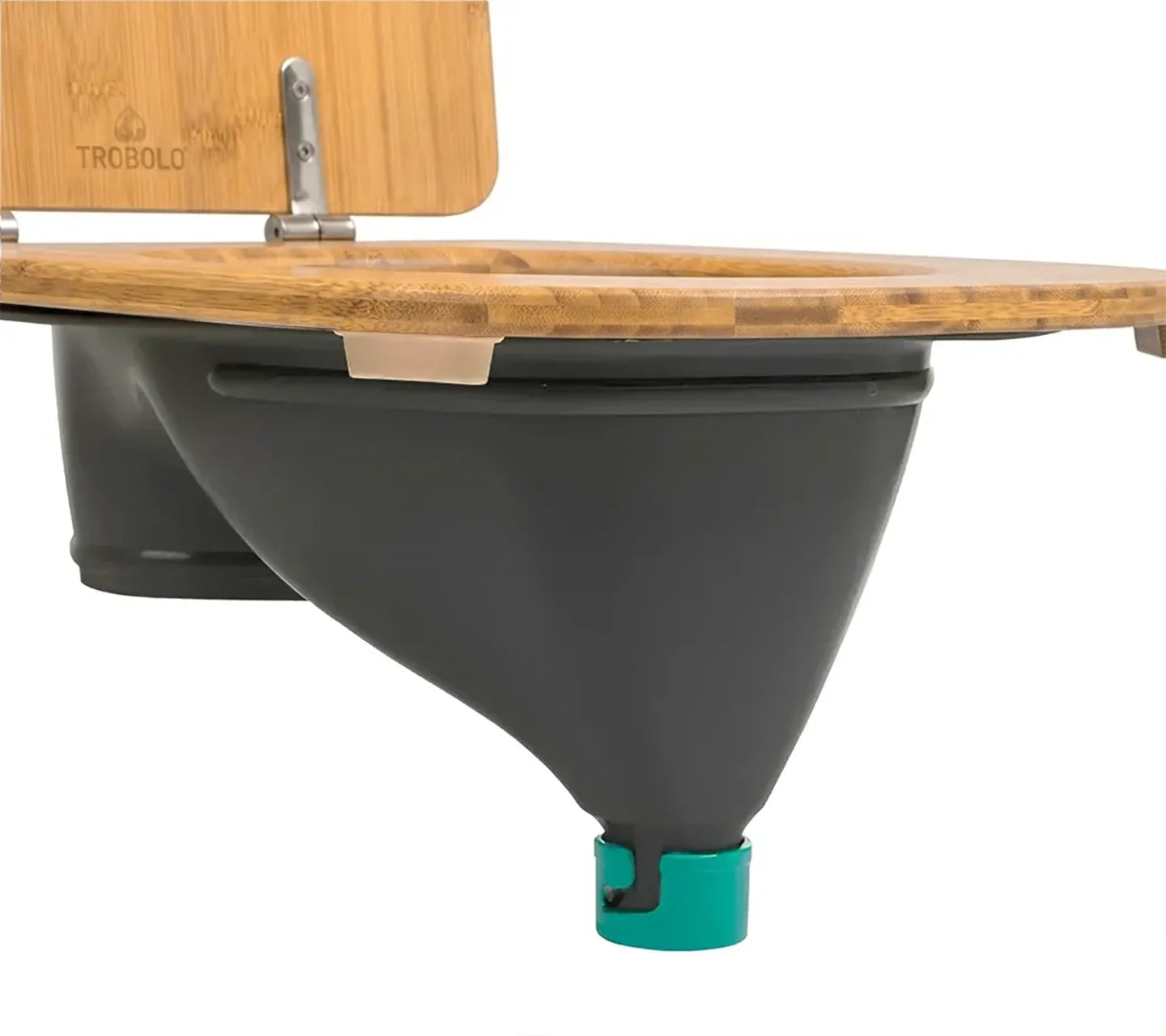 Composting toilet insert with wooden seat grey desat side view