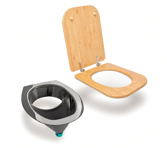 Composting toilet insert with wooden seat grey desat