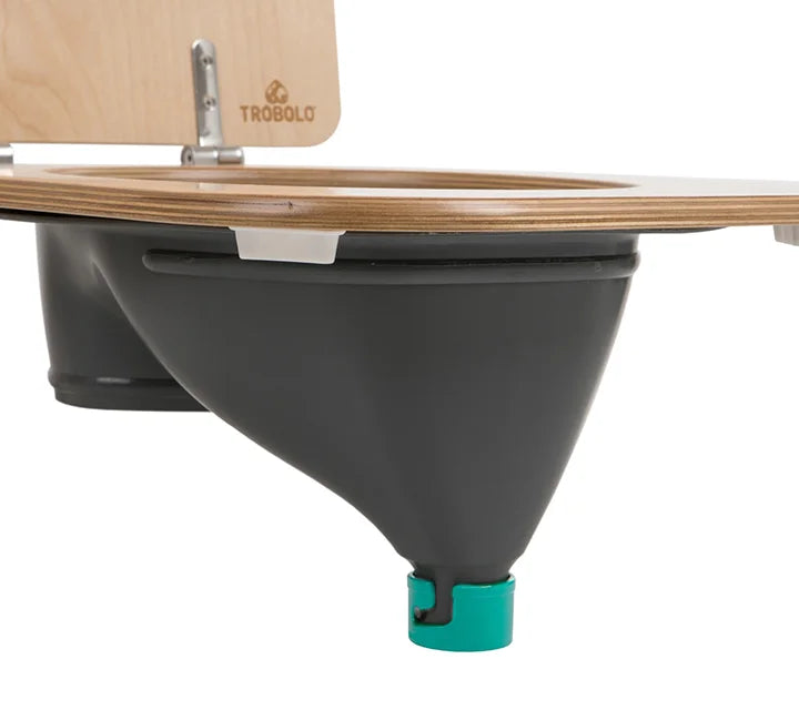 Composting toilet insert with wooden seat grey side view