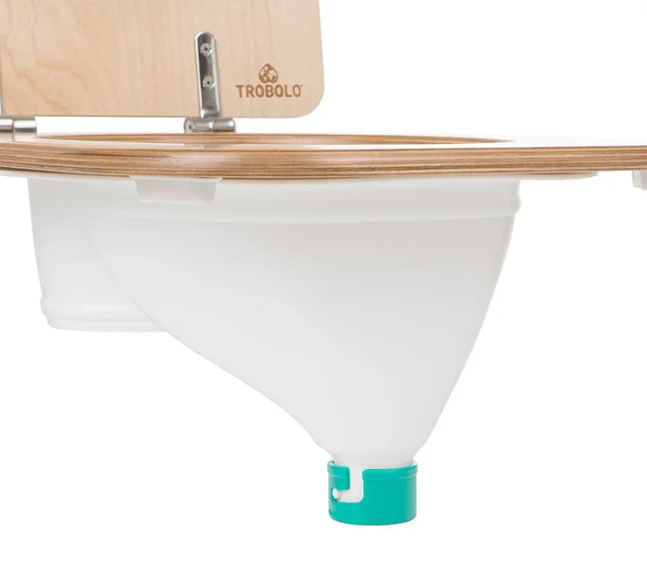 Composting toilet insert with wooden seat white side view