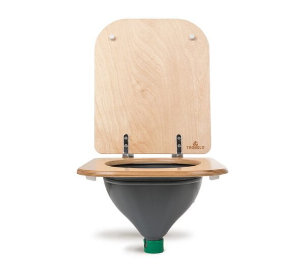 TROBOLOcomposting toilet insert (grey) and wooden seat, front view