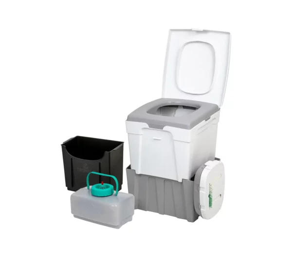 Toilette sèche TROBOLO WandaGO ouverte avec Distributeur de papier toilette, Reservoir de liquides et Bac à matières solides