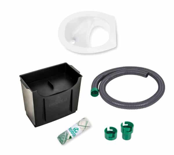 TROBOLO Kit de bricolage pour toilettes séches comprenant un insert gris ou blanc, un réservoir à matières solides, un réservoir à liquides, un système d'adaptation pour tuyau avec filtre et un rouleau d'inlays compostables.