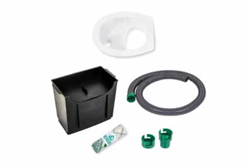DIY set for composting toilets, consisting of urine diverter (white), solids container, hose and inlays