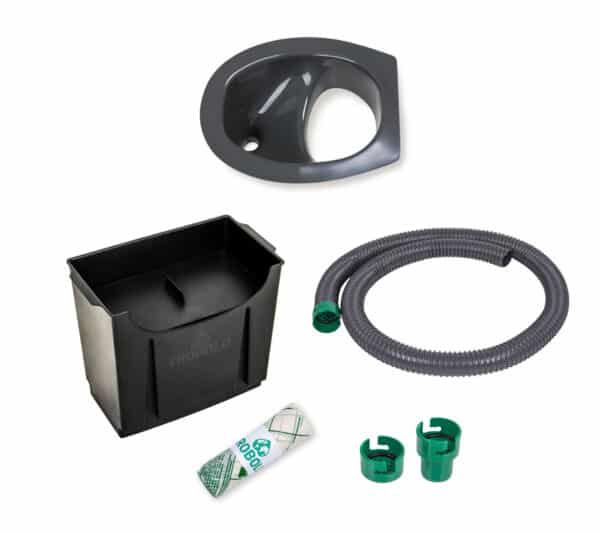 Trobolo DIY set for composting toilets, consisting of urine diverter, solids container, hose and inlays