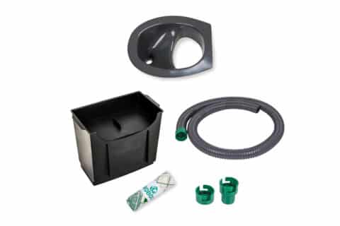 DIY set for composting toilets, consisting of urine diverter, solids container, hose and inlays