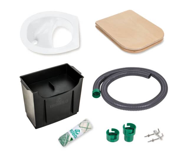 DIY set for composting toilets, consisting of urine diverter (white), wooden seat, solids container, hose and inlays
