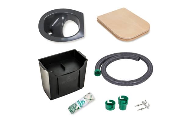 DIY set for composting toilets, consisting of urine diverter, wooden seat, solids container, hose and inlays
