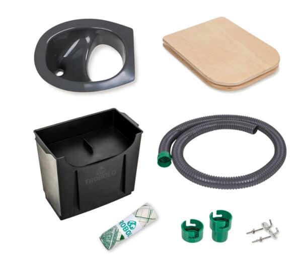 DIY set for composting toilets, consisting of urine diverter, wooden seat, solids container, hose and inlays