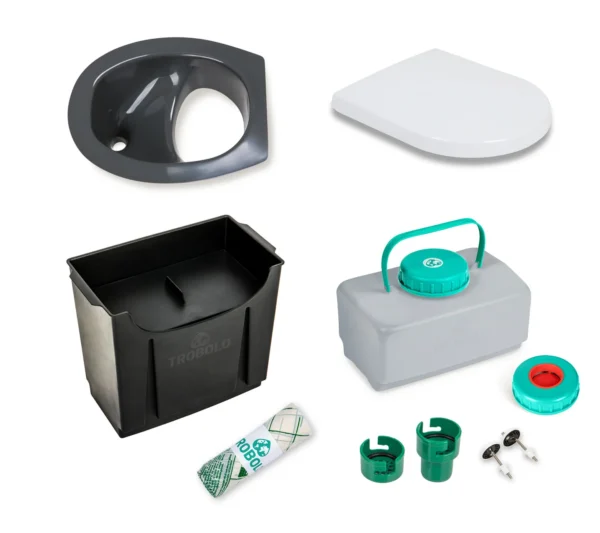 The Trobolo set consists of composting toilet insert in grey as well as a solids container (6.5l, 11l, or 22l), a liquids container (4.6l or 10l), a spill stop, and a roll of compostable inlays.