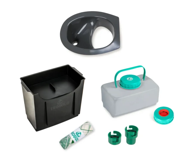 trobolo set consists of composting toilet insert in grey as well as a solids container (6.5l, 11l, or 22l), a liquids container (4.6l or 10l), a spill stop, and a roll of compostable inlays.