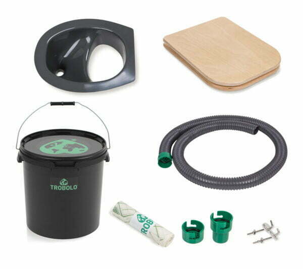 The set consists of composting toilet insert in grey as well as a wooden seat, solids container (6.5l, 11l, or 22l), urine drainage, and roll of compostable inlays.