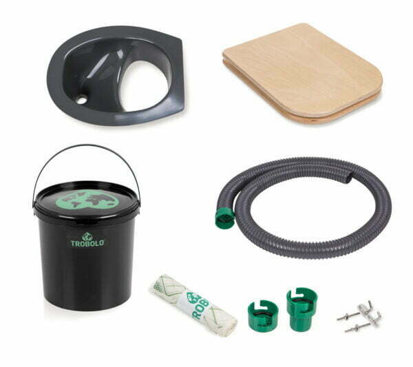 The set consists of composting toilet insert in grey as well as a wooden seat, a solids container (6.5l, 11l, or 22l), a liquids container (4.6l or 10l), and a spill stop and roll of compostable inlays.