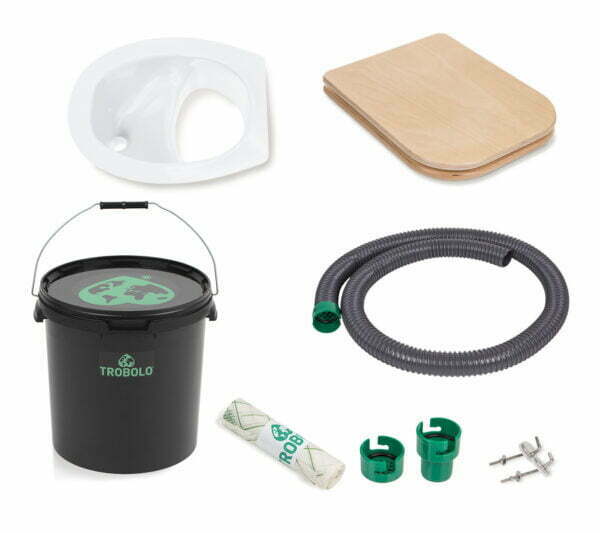 Trobolo set consists of composting toilet insert in white as well as a wooden seat, solids container (6.5l, 11l, or 22l), urine drainage, and roll of compostable inlays.