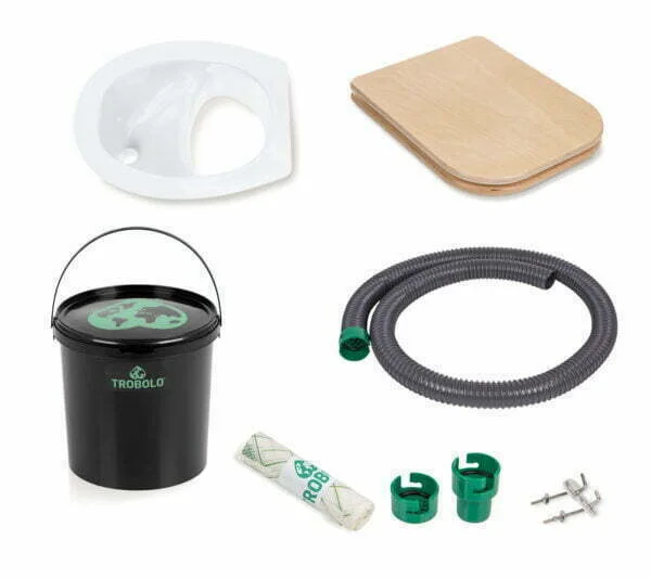 TROBOLO Kit de bricolage pour toilettes séches comprenant un siège de toilettes avec couvercle (bois), un insert gris ou blanc, un réservoir à matières solides, un réservoir à liquides, un système d'adaptation, un tuyau avec filtre et un rouleau d'inlays compostables.