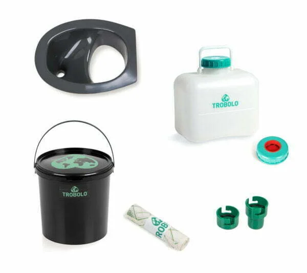The set consists of composting toilet insert in white as well as a wooden seat, a solids container (6.5l, 11l, or 22l), a liquids container (4.6l or 10l), and a spill stop and roll of compostable inlays.