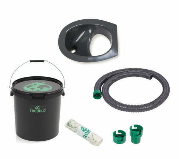 The set consists of composting toilet insert in grey as well as a solids container (6.5l, 11l, or 22l), urine drainage, and roll of compostable inlays.