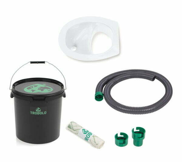 The set consists of composting toilet insert in white as well as a solids container (6.5l, 11l, or 22l), urine drainage, and roll of compostable inlays.
