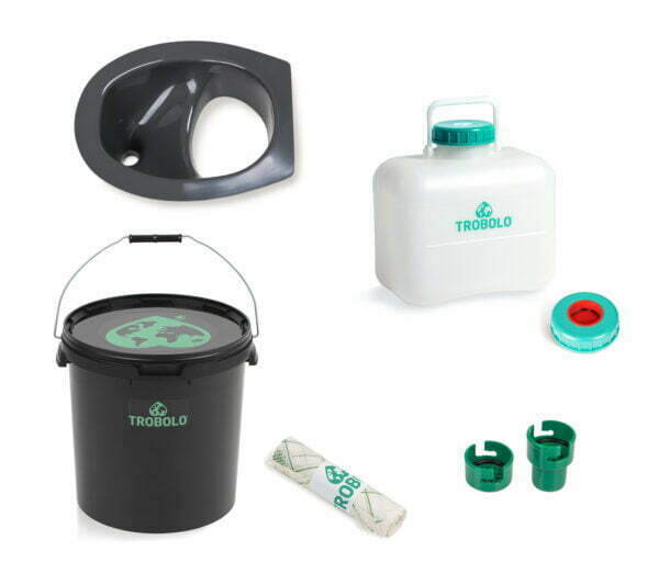 Trobolo set consists of composting toilet insert in white as well as a wooden seat, a solids container (6.5l, 11l, or 22l), a liquids container (4.6l or 10l), and a spill stop and roll of compostable inlays.