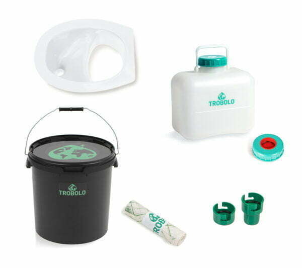 Trobolo set consists of composting toilet insert in white as well as a solids container (6.5l, 11l, or 22l), a liquids container (4.6l or 10l), a spill stop, and a roll of compostable inlays.