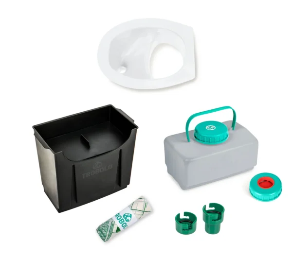 Trobolo set consists of composting toilet insert in white as well as a solids container (6.5l, 11l, or 22l), a liquids container (4.6l or 10l), a spill stop, and a roll of compostable inlays.