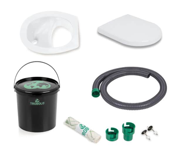 DIY set consisting of  toilet insert, plastic seat, solids container, liquids container, spill stop, Adaptor system hose include filter sieve and inlays