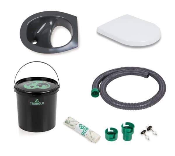 DIY set consisting of urine diverter, plastic seat, solids container, liquids container, spill stop and inlays