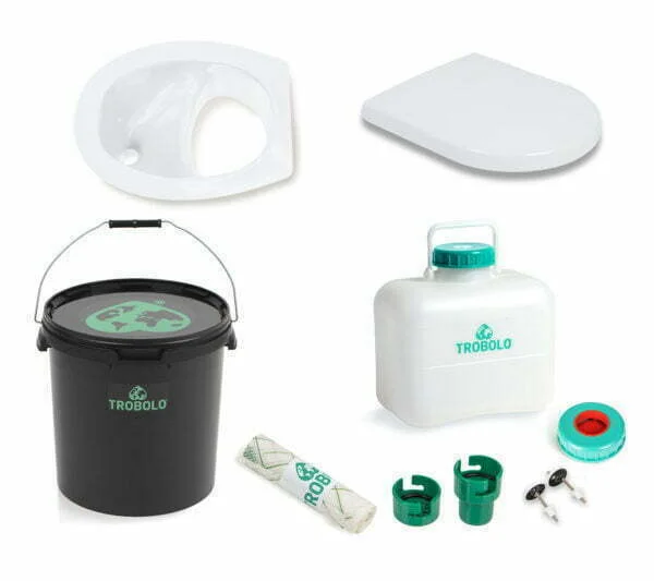 TROBOLO Kit de bricolage pour toilettes séparatrices composé d'un siège de toilettes avec couvercle (plastique), d'un insert gris ou blanc, d'un réservoir à matières solides, d'un réservoir à liquides, d'un système d'adaptation avec tuyau et filtre et d'un rouleau d'inlays compostables.