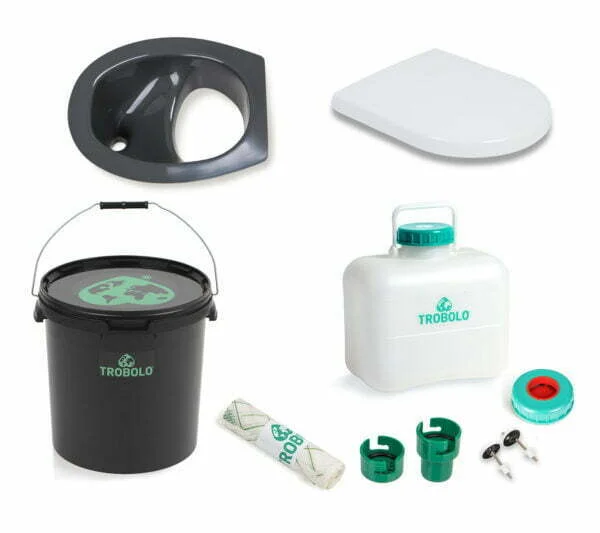 TROBOLO Kit de bricolage pour toilettes séparatrices composé d'un siège de toilettes avec couvercle (plastique), d'un insert gris ou blanc, d'un réservoir à matières solides, d'un réservoir à liquides, d'un système d'adaptation avec tuyau et filtre et d'un rouleau d'inlays compostables.