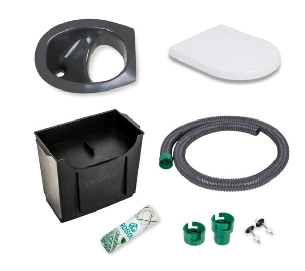 DIY set consisting of toilet insert, plastic seat, solids container, liquids container, spill stop, Adaptor system hose include filter sieve and inlays