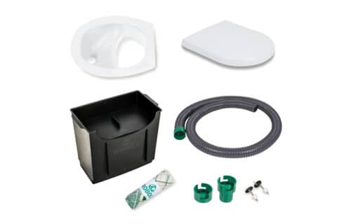 DIY set for composting toilets, consisting of urine diverter (white), plastic seat, solids container, hose and inlays
