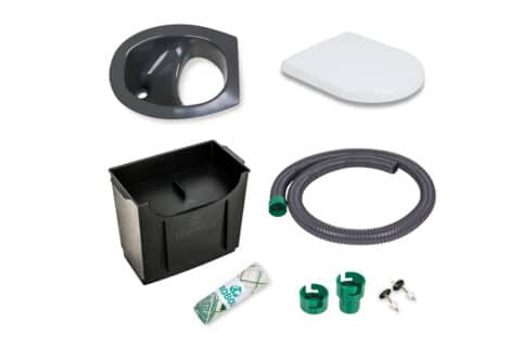 DIY set for composting toilets, consisting of urine diverter, plastic seat, solids container, hose and inlays
