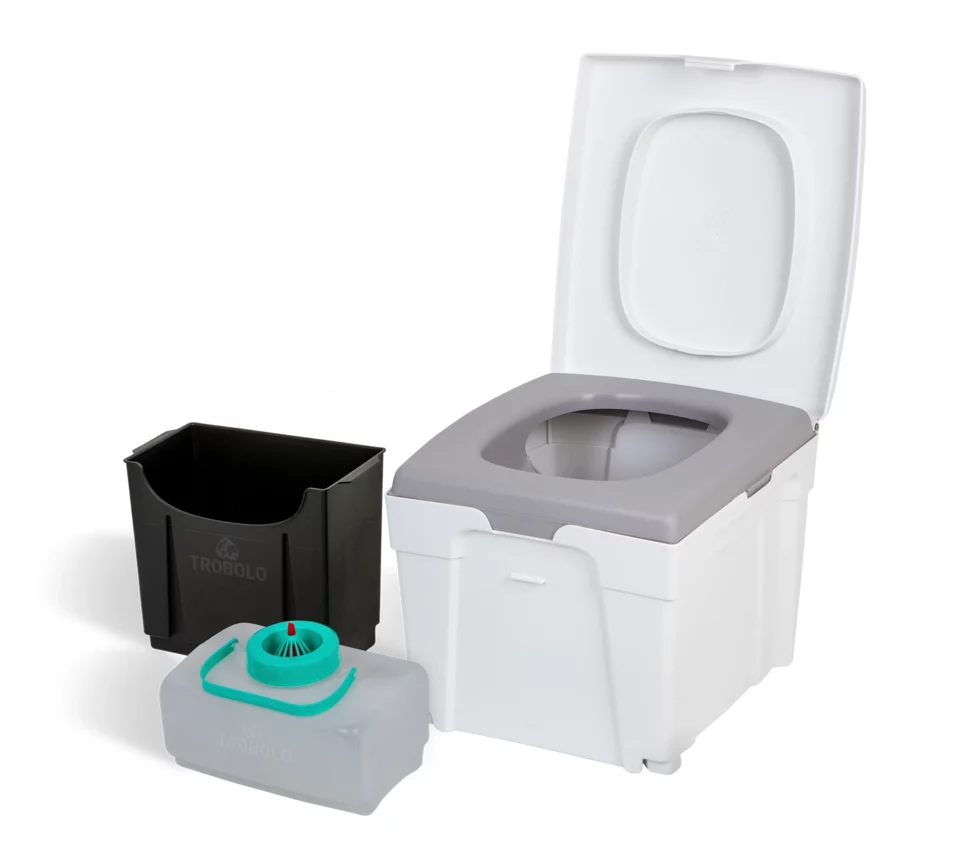 The TROBOLO WandaGO Lite mini composting toilet with liquid container and solid container.