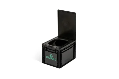 Mobile composting toilet TROBOLO BilaBox in a compact black eurobox format, front view